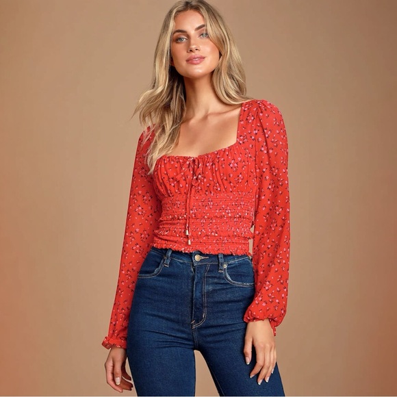 Free People Tops - Free People Lolita Red Tiered Floral Blouse Balloon Sleeves Ruched Bodice Lg